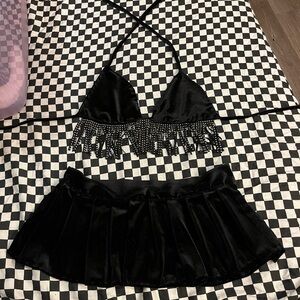 Black Fringe bikini style top with mini skirt !! 💘